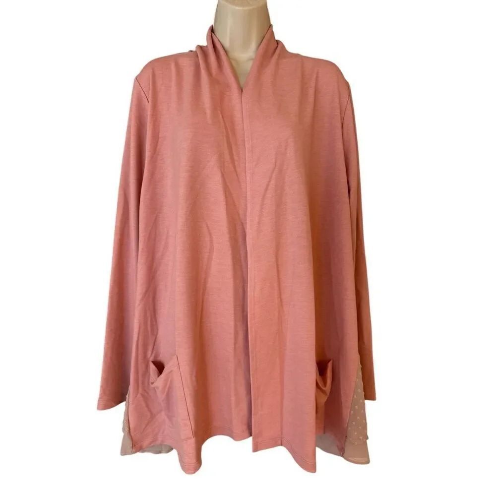 LOGO Lounge Lori Goldstein Open Front Cardigan Sheer Dot Pink Size Large